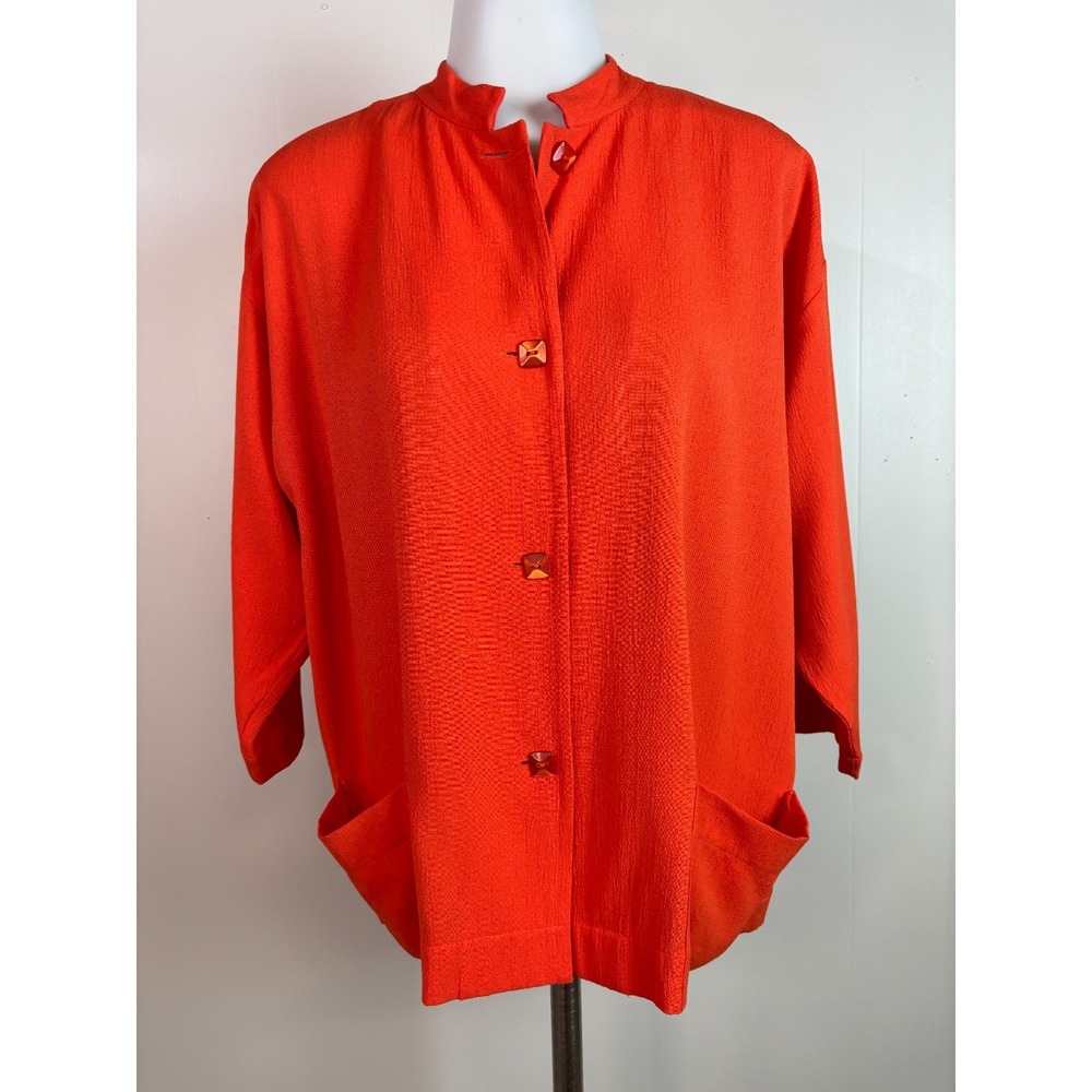 Coldwater Creek Top Small Orange Button-Front Pockets 3/4 Sleeve Blouse Women's